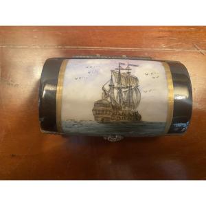 Snuffbox Decorated With A Sailboat And An Inscription Inside. Perfect Condition.