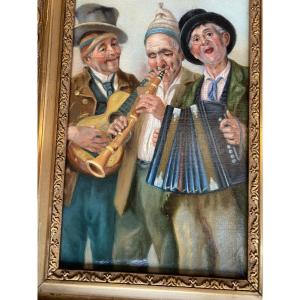 Oil On Canvas Depicting 3 Musicians Playing With Their Instruments.