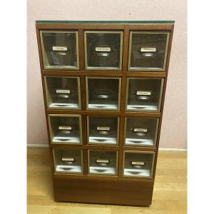 Seed Cabinet Mounted On Casters, Comprising 12 Compartments.