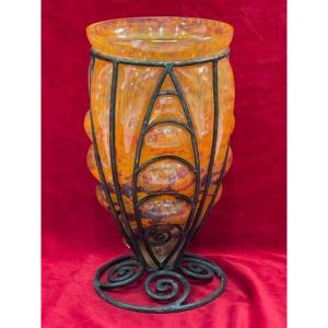 Art Deco Glass Paste Vase 1930 Lorrain Wrought Iron