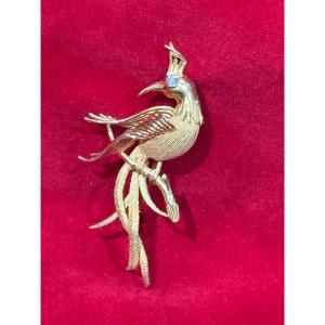 Vintage Bird Brooch 1950 18k Gold Diamond 0.10 Carat
