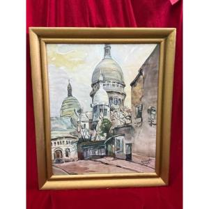 Watercolor Painting View Of Montmartre Sacred Heart Paris