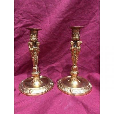 Pair Of Torches Bronze Dore Epqoue Napoleon III