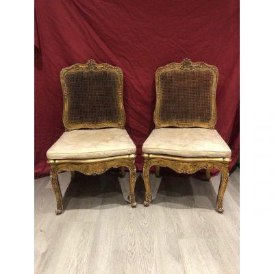 Paire De Chaises Fauteuils Louis XV En Bois Doré Du XIX ème