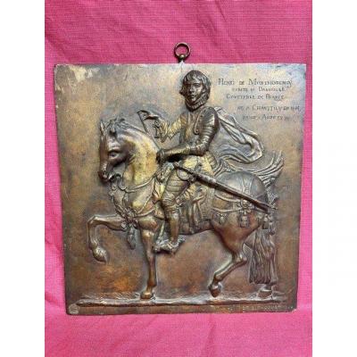 Bronze Plate Countess Valentine De Biencourt (1839-1929) Henri De Montmorency On Horseback