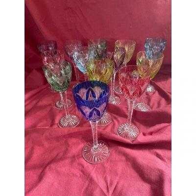 Series Of 14 Cut Color Crystal Wine Glasses
