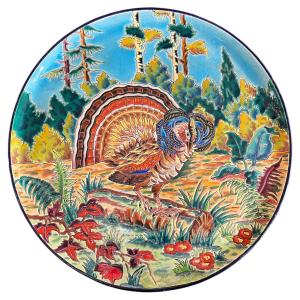 Longwy Enamel Dish With Peacock Design