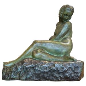 Marcel Bouraine - Woman Sitting On A Rock, Art Deco Bronze