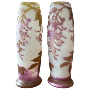 Pair Of Art Nouveau Legras Vases With Wisteria