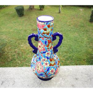 Old Superb Vase With Handles In Longwy Enamels In Perfect Condition. Height: 21.5 Cm.