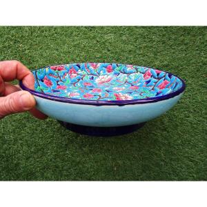 Very Beautiful Fruit Bowl In Multicolored Longwy Enamels Dish In Perfect Condition Diameter 26.5 Cm