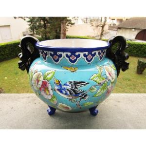 Superb Large XIXth Cachepot In Enamelled Earthenware Attributed To Eugène Collinot Or Edouard Gilles