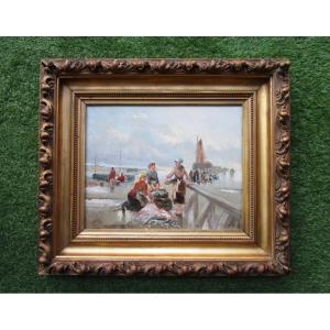 Superb Painting Signed F Vogler, Return Of Fishing Boats In Normandy, Marine Oil On Canvas