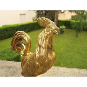 Old Very Beautiful Rooster In Gilt Bronze Nineteenth On Its Base In Green Onyx Height: 15.5 Cm.