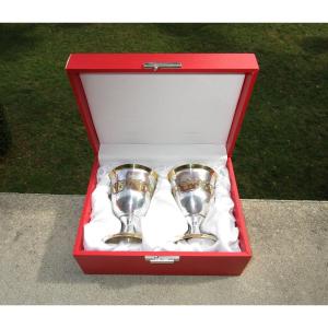 Superb Rare Pair Of Chalice Glasses In Sterling Silver And Vermeil 925 Russian Origin Russia.