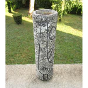 Very Beautiful Vase With Incised Stylized Bird Decor Jacques Pouchain Dieulefit Ceramic Design 1950