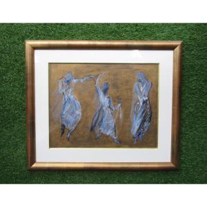 Françoise Landowski, Dancers, Very Beautiful Painting Signed In Its Gilded Frame With Gold Leaf.
