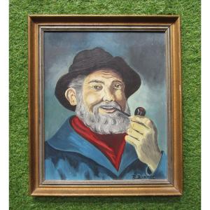 Old Marine Painting Breton Fisherman Pipe Signed Bonnec Morbihan Auray Brittany Lorient Marine.