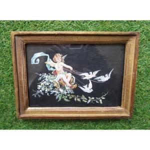 Very Beautiful Small Gouache On Silk Old Painting Angel Cherub Love Chariot Pulled By Doves