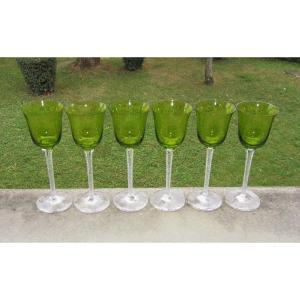 Six Beautiful Crystal Stemmed Glasses Signed Lalique France Trèves Models 19 Cm. In Perfect Condition.