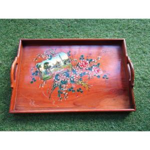 Very Beautiful Olive Wood Tray Souvenir From Nice Early 20th Century Art Nouveau Flower Painting