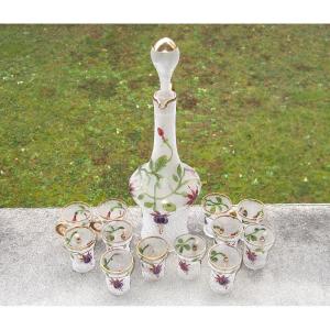 A Carafe And 12 Small Granite Liqueur Glasses Painted And Enhanced With Fine Gold Fuchsia Decor.