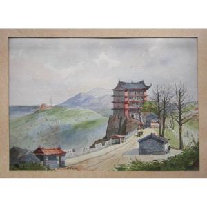 Emile Dominique Roux, Beautiful 19th Century Watercolor Of A Fortified Chinese City, China Asia Painting.