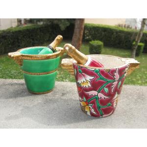 Set Of Two Mortars With Pestles, In The Shape Of Champagne Buckets, In Longwy Enamel.