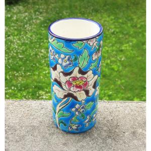 Antique Beautiful Small 19th Century Roll Vase In Longwy Enamels. Height: 12 Cm.