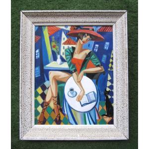 Isaac Kaplan, Oil On Canvas Signed, Painting Sold Unframed. Young Woman On A Coffee Break.