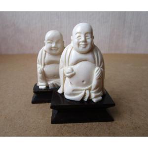 Two Antique Small Okimono Buddha Ivory Carved Sculpture Statuette Circa 1920.