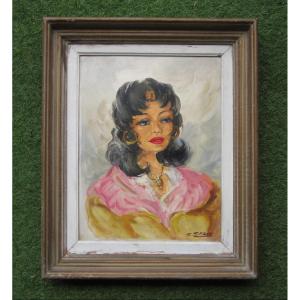 Claude Sargue, Beautiful Oil On Isorel 1940, Portrait Of An Andalusian Bohemian Gypsy, Signed Painting