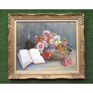 Large Still Life Painting With Bouquet Of Multicolored Flowers, Book, Oil Lamp, 12f Frame