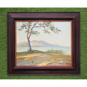Very Bright Old Oil Painting On Wood Circa 1950, Banks Of The Rhône, Lake, Mediterranean, Nice?