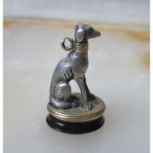 Beautiful Small Greyhound Dog Chatelaine Seal In Silver And Vermeil With A Blank Agate Matrix.