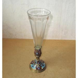19th Century Crystal Cornet Vase With Cut Sides And Cloisonné Enamel, Height: 19.9 Cm.