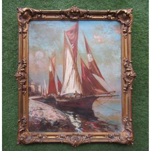 Jules Izier 1924 Oil On Cardboard Framed Marine Painting Sailboat Fishing Boat Toulon?