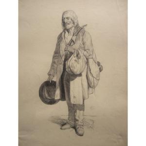 Pencil Drawing Framed Under Glass, Vagabond Beggar Tramp French School 19th Century Painting