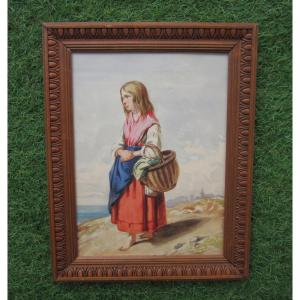 Unsigned 19th Century Watercolor Of A Young Girl And Woman With A Basket, Italian Painting From Provence Or Corsica.