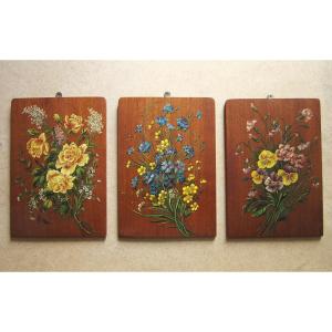 Three Beautiful Oil Paintings On Wood, Bouquets Of Flowers In Art Nouveau Style, Roses, Pansies...