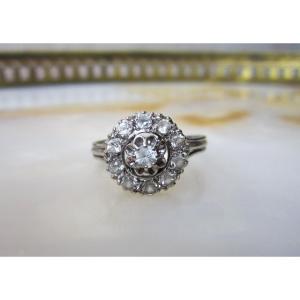 Antique Beautiful Daisy Ring In 18k White Gold And Zirconiums 4.30 Grams, Size 65