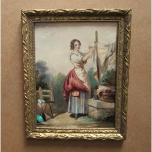 Very Beautiful 19th Century Watercolor Framed Under Glass, Painting Of An Italian Provençal Or Corsican Washerwoman