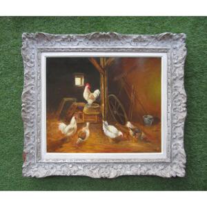 Large And Beautiful Painting Of A Rooster And Hens In A Henhouse, Oil On Canvas, Montparnasse Frame