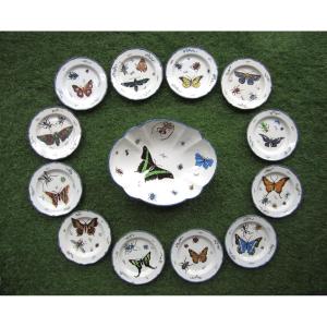 Beautiful Earthenware Dessert Service With Butterflies And Insects Dated 1915, Origin To Be Identified.