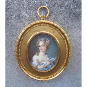 Very Beautiful Miniature On Ivory Signed Gamet Woman With Dove With Bare Breasts Gilt Bronze Frame.