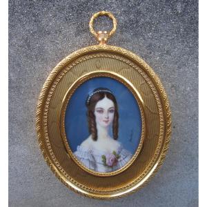 Very Beautiful Miniature On Ivory Signed Gamet Marie Duplessis Lady With Camellias Gilt Bronze Frame