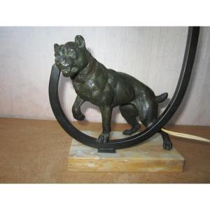 Art Deco Desk Or Bedside Lamp In Spelter With A Guard Dog, Mastiff, Bulldog, Boxer.