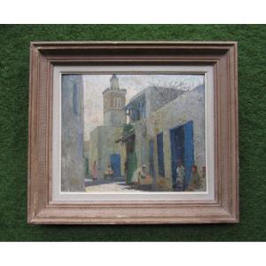 Raymond Tellier, A Very Beautiful Orientalist Painting Signed In 1931, Tunis, Bab Saadoun District, Tunisia.