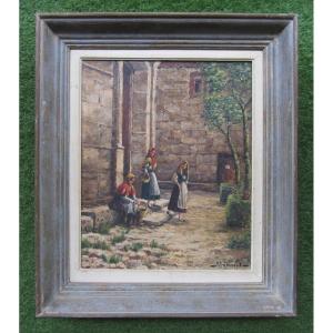 Very Beautiful Spanish Painting Circa 1940 Signed Ruiz Venegas Leaving Mass In Siguenza, Spain.