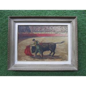  Very Beautiful Old Painting Signed Around 1940, Bullfighting Scene, Bull, Arena, Bullfighter.